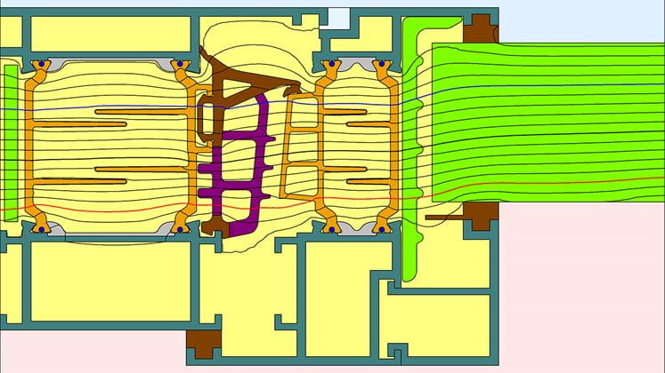 Section d’un système de fenêtres identique avec la barrette standard insulbar LI avec une épaisseur de construction de 73 mm et un coefficient Uf = 1,18 W/m2K