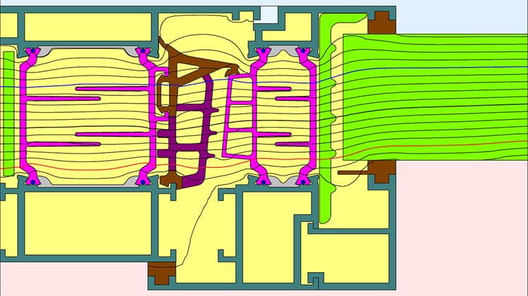 Section d’un système de fenêtres avec la barrette standard insulbar REG, une épaisseur de construction de 73 mm et un coefficient Uf = 1,3 W/m2K