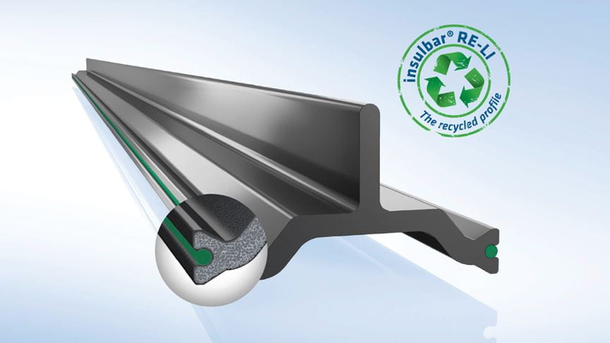 Insulating bar insulbar RE-LI with recycling stamp and close-up of foamed core
